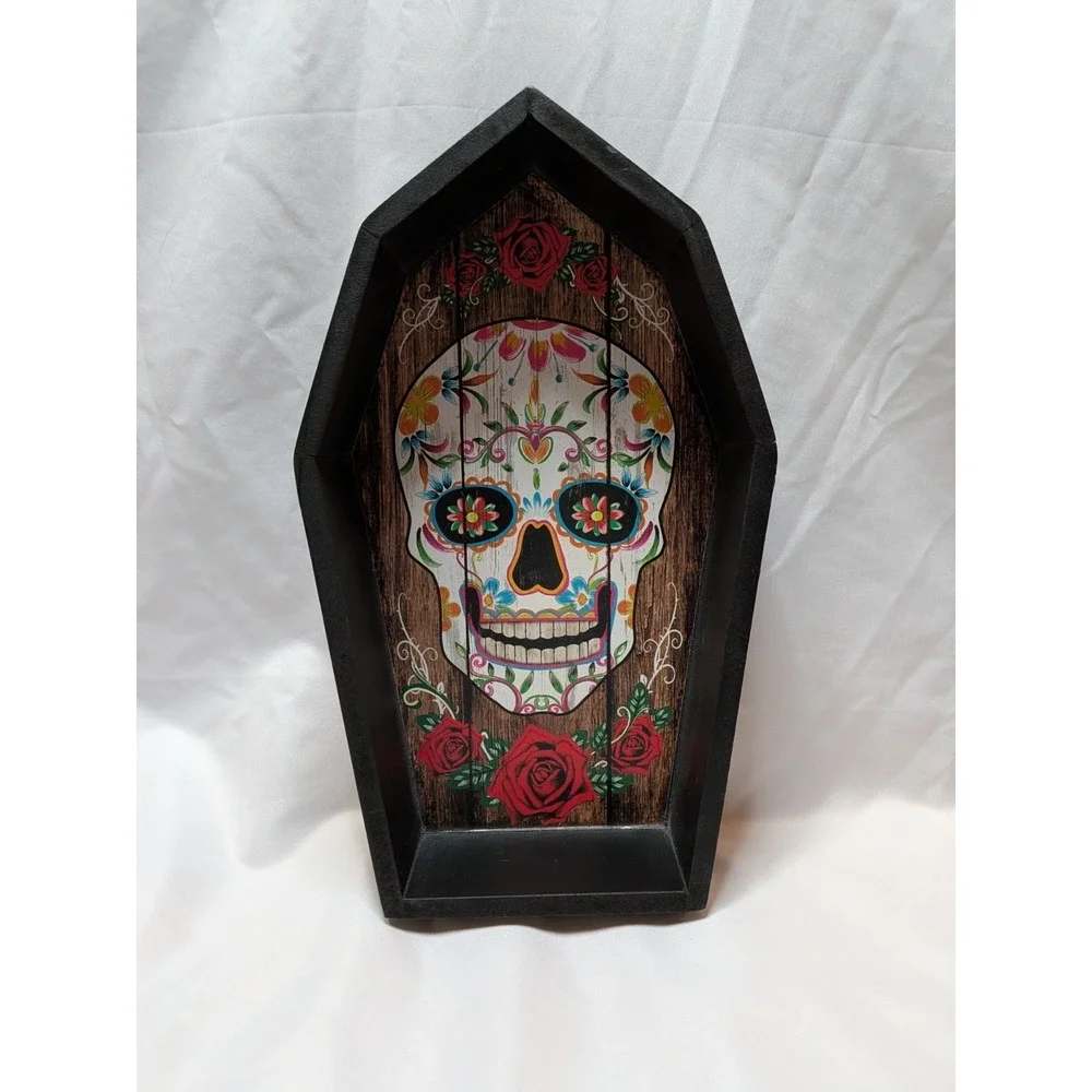 Ashland Day of the Dead Coffin Sugar Skull Wall Decor Black Rose‎ Floral 12in